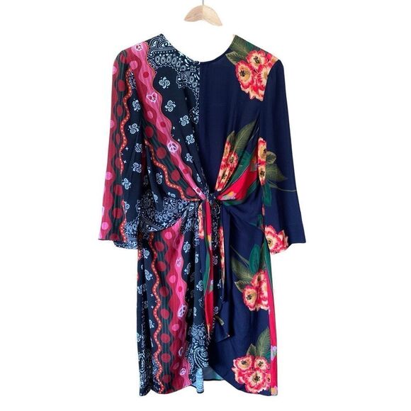 Desigual Dana Draped Print Mini Dress Blue Multi Size 6 - Picture 4 of 12